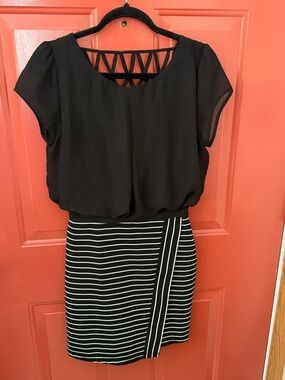 Speechless Black Blouson Top with Striped Pencil Skirt